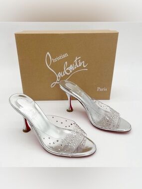 Christian Louboutin Degramule Silver PVC Strass Gradient Mule Sandal Heels EU 36